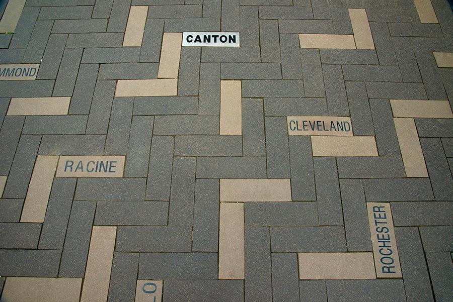 Canton, Racine, Cleveland, and Rochester are all carved into the brick paving at Canton Centennial Plaza